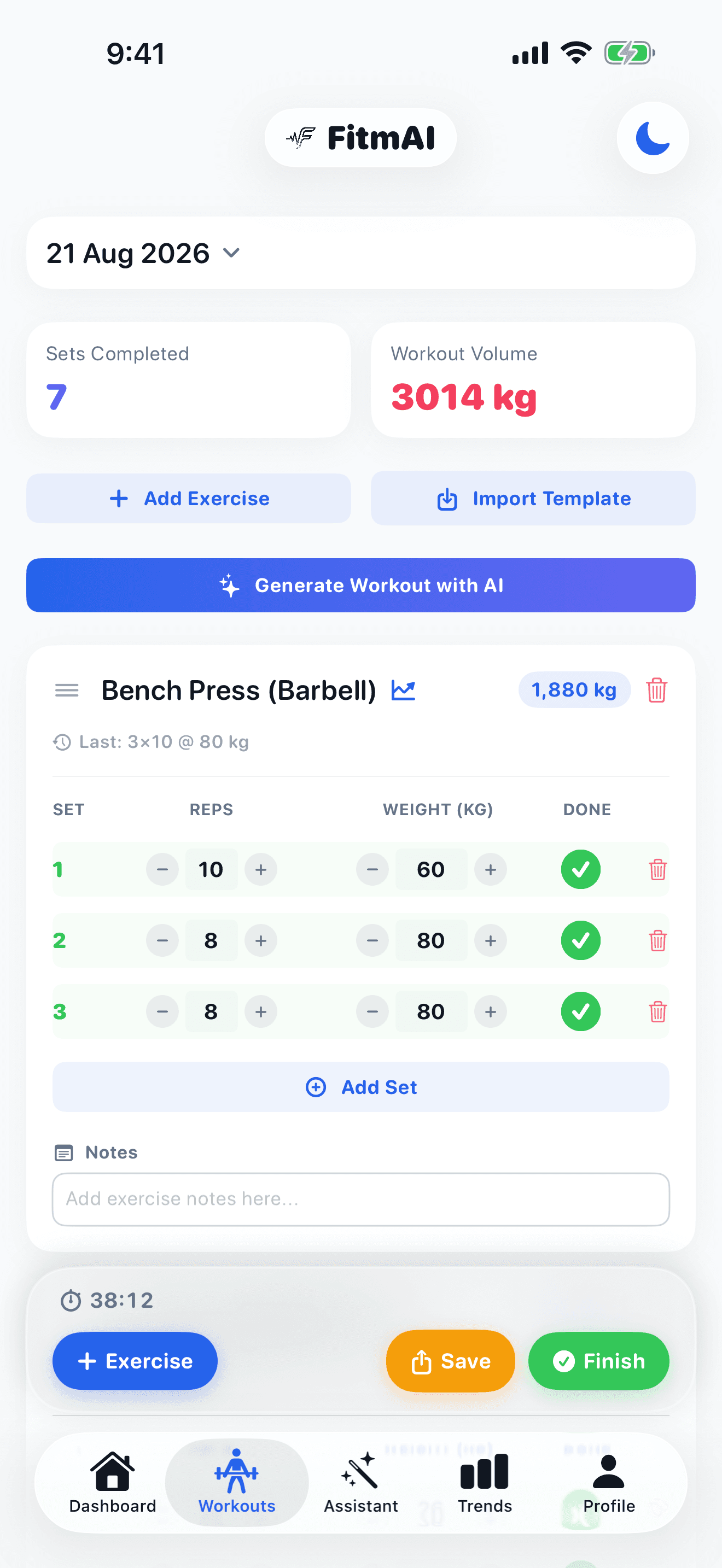 FitmAI Workouts screen on iPhone