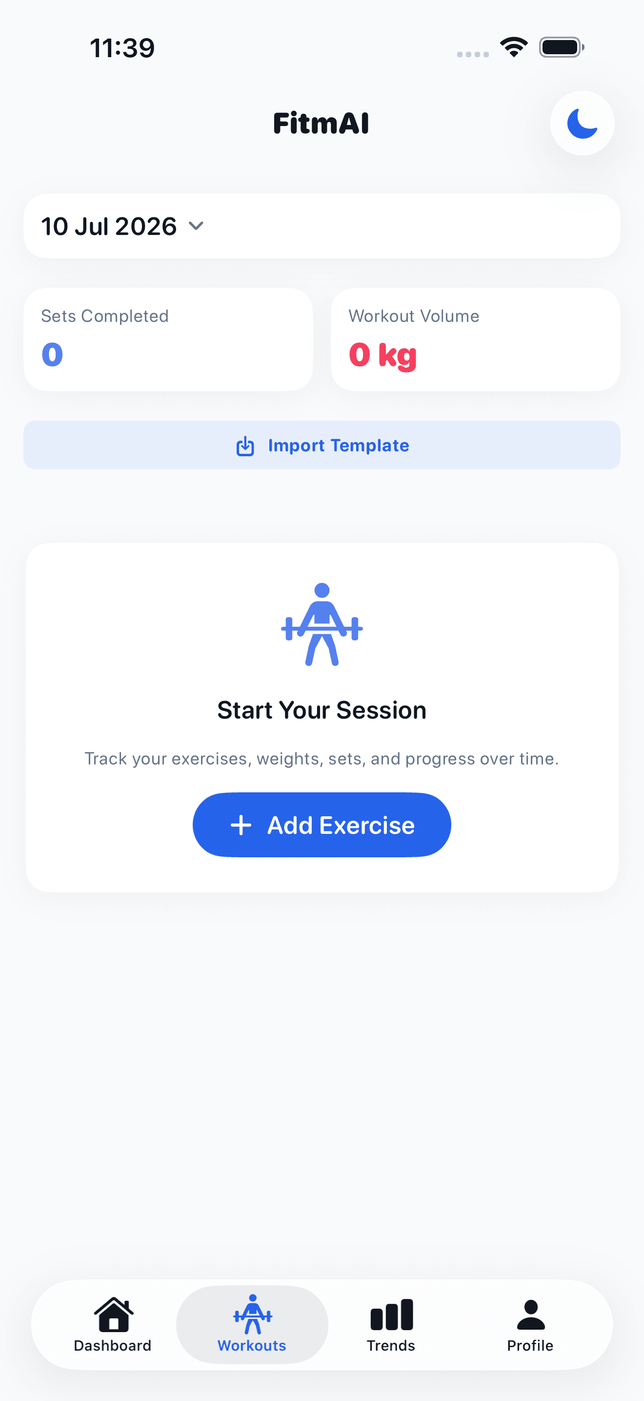 FitmAI Workouts screen on iPhone