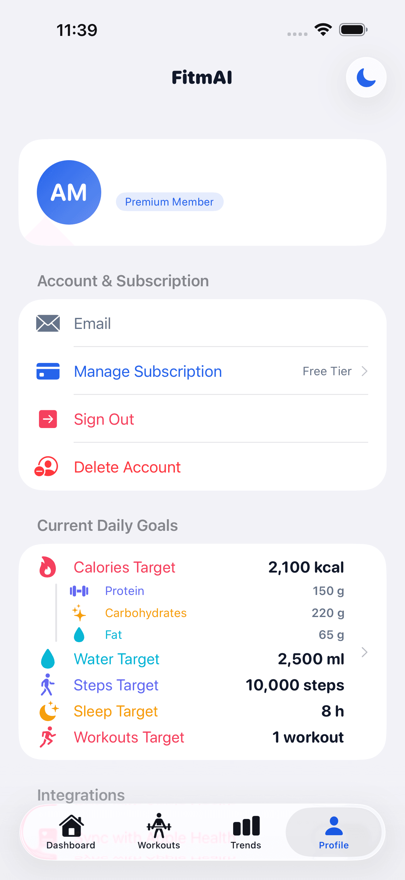 FitmAI Profile screen on iPhone