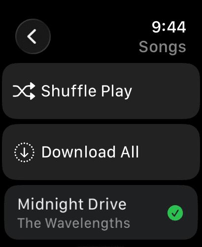 jwatch Songs screen on Apple Watch