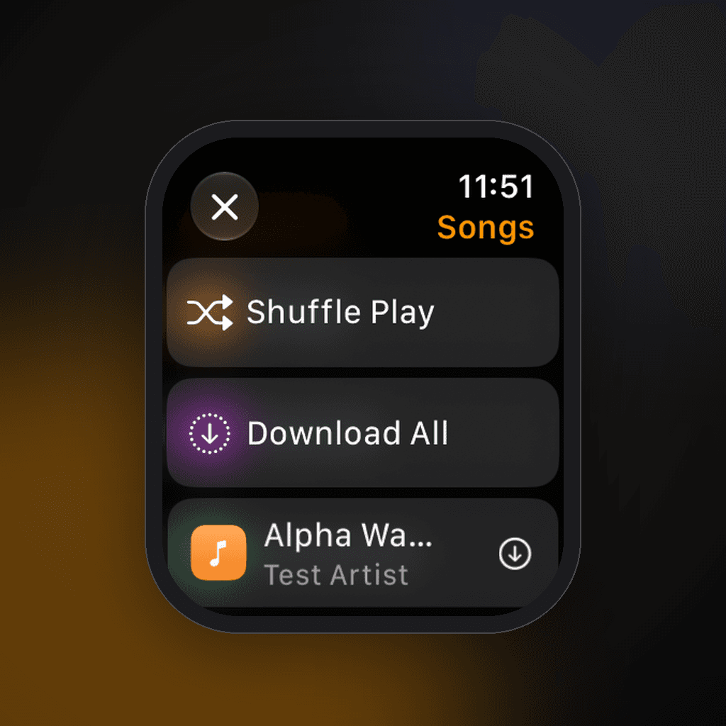 TunefinWatch Songs screen on Apple Watch